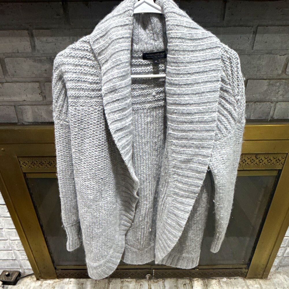 Banana Republic Women’s Gray Knit Open Front Shawl Collar Ribbed Wool Blend M